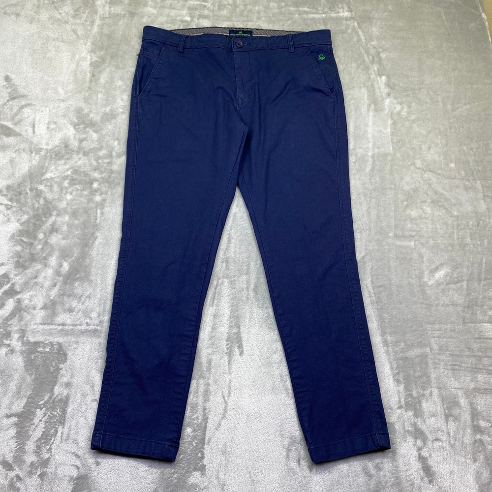 United Colors of Benetton Mens Navy Blue Chinos Pants Slim Casual Sz 34 Fits 33"
